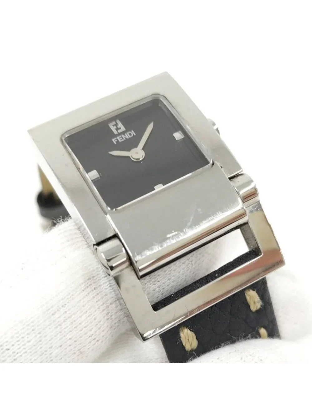 Fendi Watch Orologi Square SS Quartz Leather Black Dial